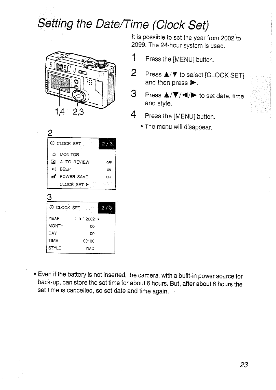 Betting the date/time (clock set) | Panasonic DMC-LC20T  EN User Manual | Page 23 / 72