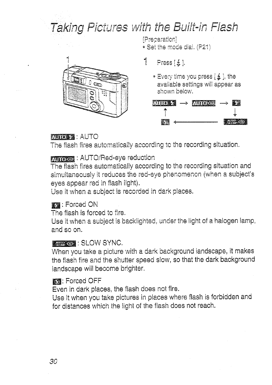 Taking pictures with the built-in flash | Panasonic DMC-LC20T  EN User Manual | Page 30 / 72