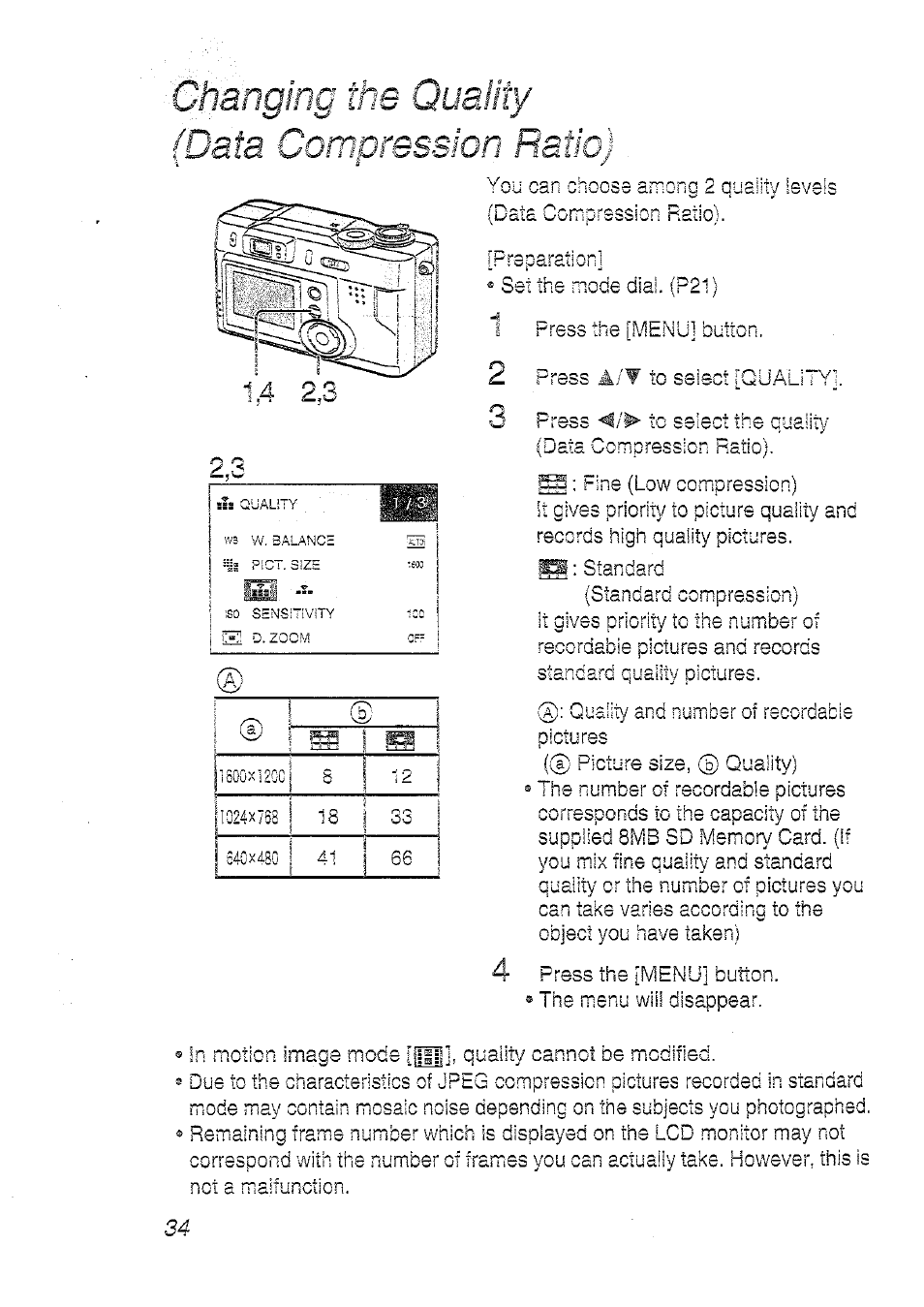 Швпдтд the quality (data compression ratio) | Panasonic DMC-LC20T  EN User Manual | Page 34 / 72