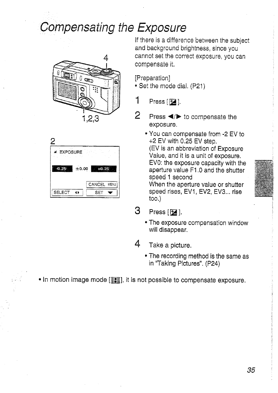 Oompensating the exposure | Panasonic DMC-LC20T  EN User Manual | Page 35 / 72