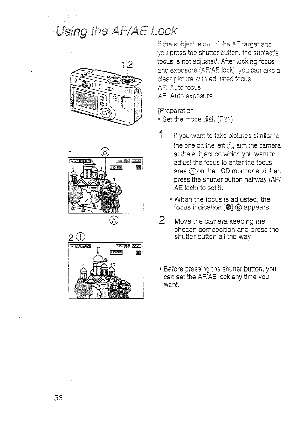 The af/ae lock | Panasonic DMC-LC20T  EN User Manual | Page 36 / 72