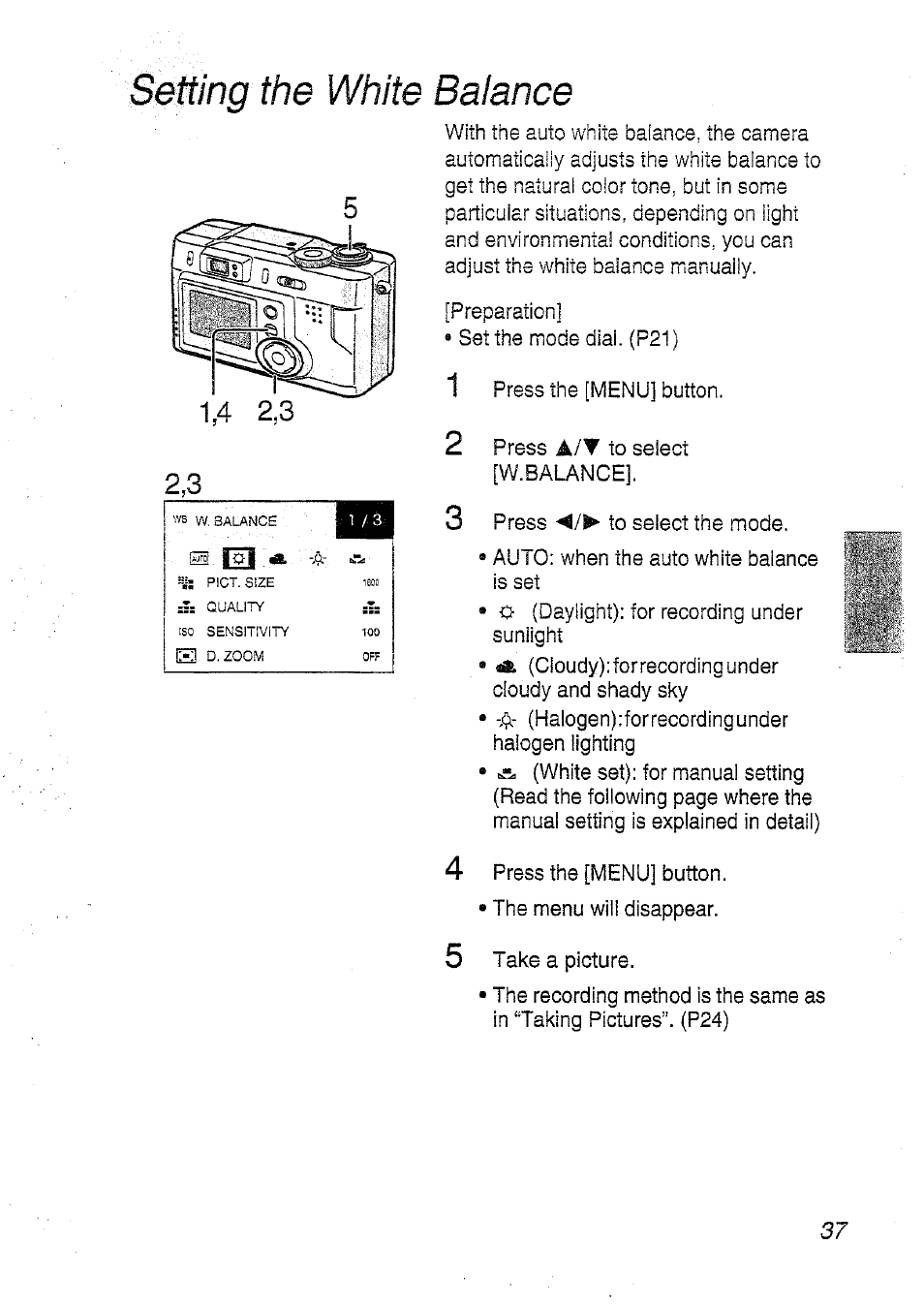 Setting the white balance | Panasonic DMC-LC20T  EN User Manual | Page 37 / 72