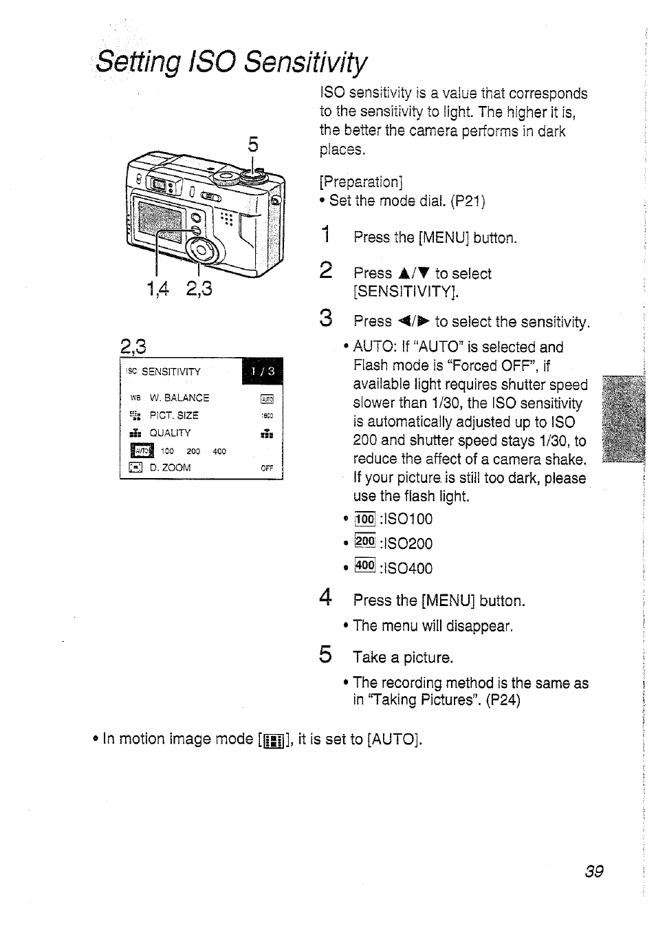 Setting iso sensitivity | Panasonic DMC-LC20T  EN User Manual | Page 39 / 72