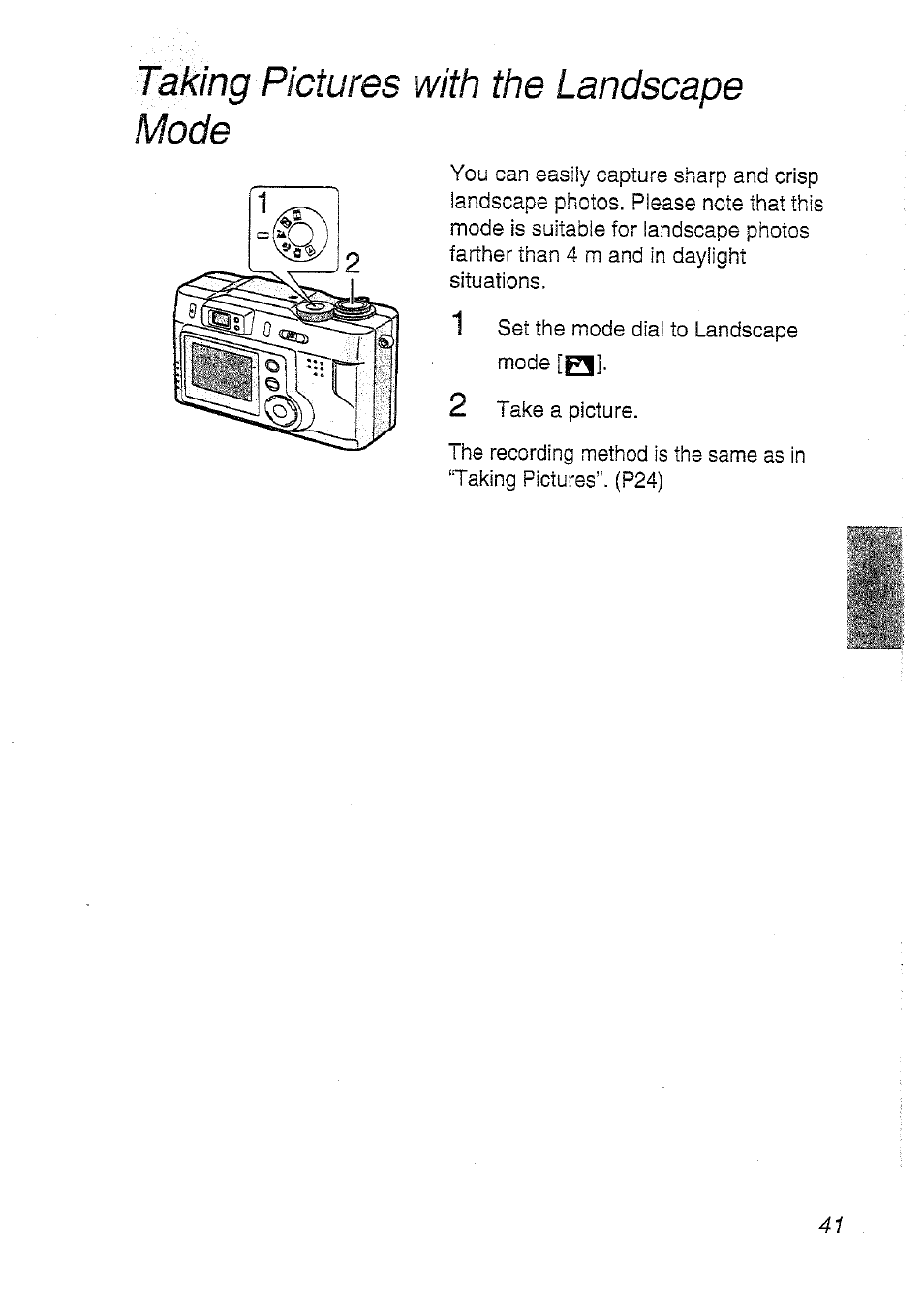 Faking pictures with the landscape mode | Panasonic DMC-LC20T  EN User Manual | Page 41 / 72