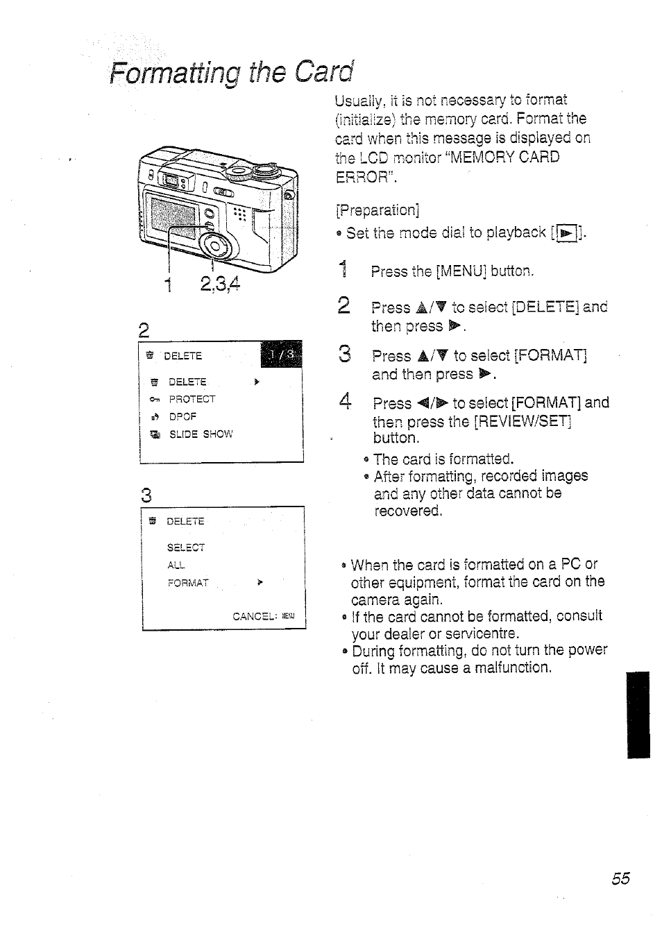 Womatting the card | Panasonic DMC-LC20T  EN User Manual | Page 55 / 72