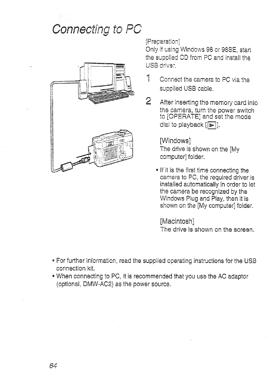 Connecting to pc | Panasonic DMC-LC20T  EN User Manual | Page 64 / 72