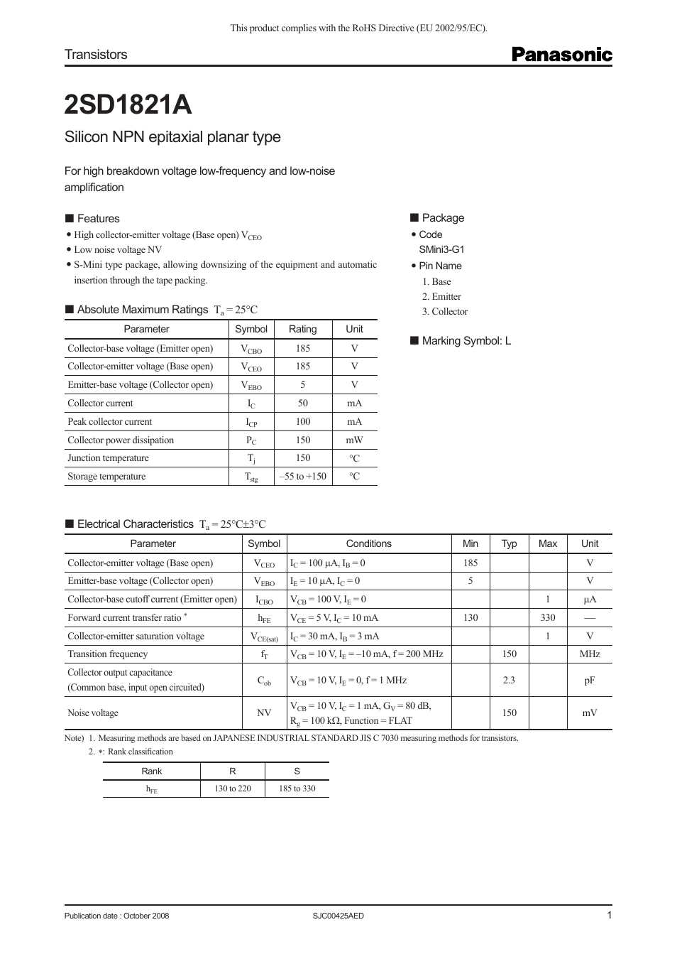 Panasonic 2SD1821A User Manual | 4 pages