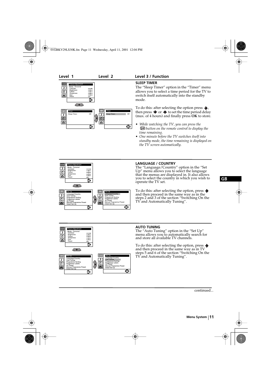 Level 1 level 2 level 3 / function, Continued | Sony KV-29LS30K User Manual | Page 10 / 116
