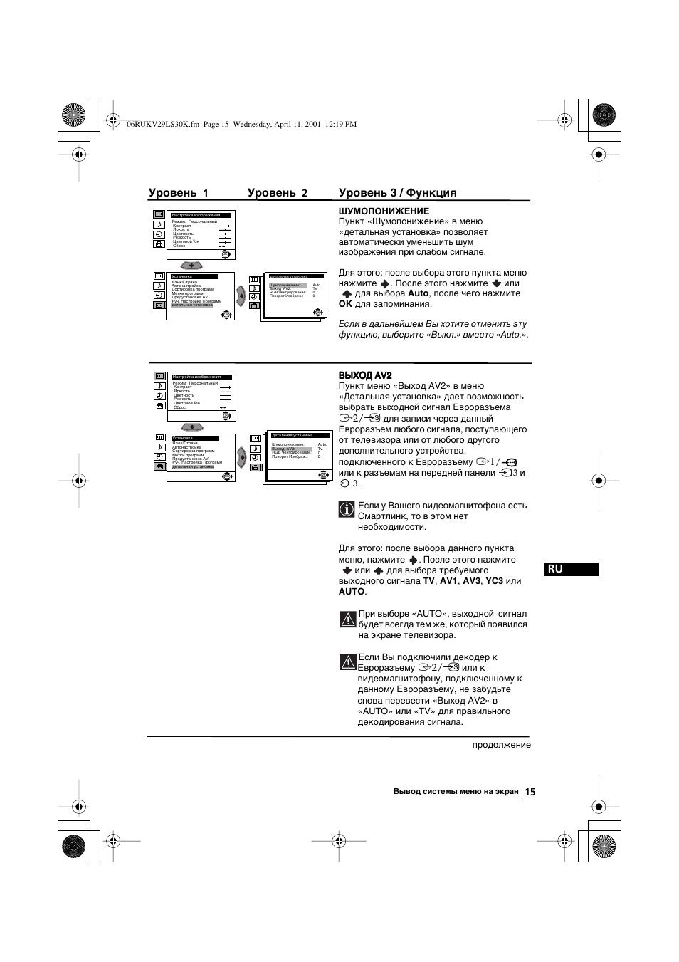 Уровень, Уровень 3 / функция | Sony KV-29LS30K User Manual | Page 109 / 116