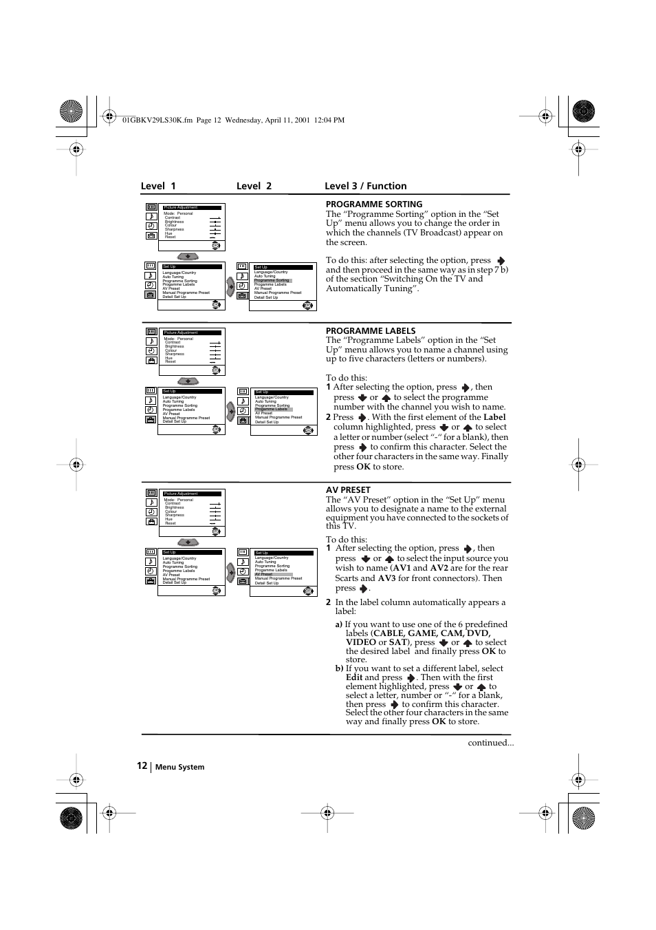 Level 1 level 2 level 3 / function | Sony KV-29LS30K User Manual | Page 11 / 116