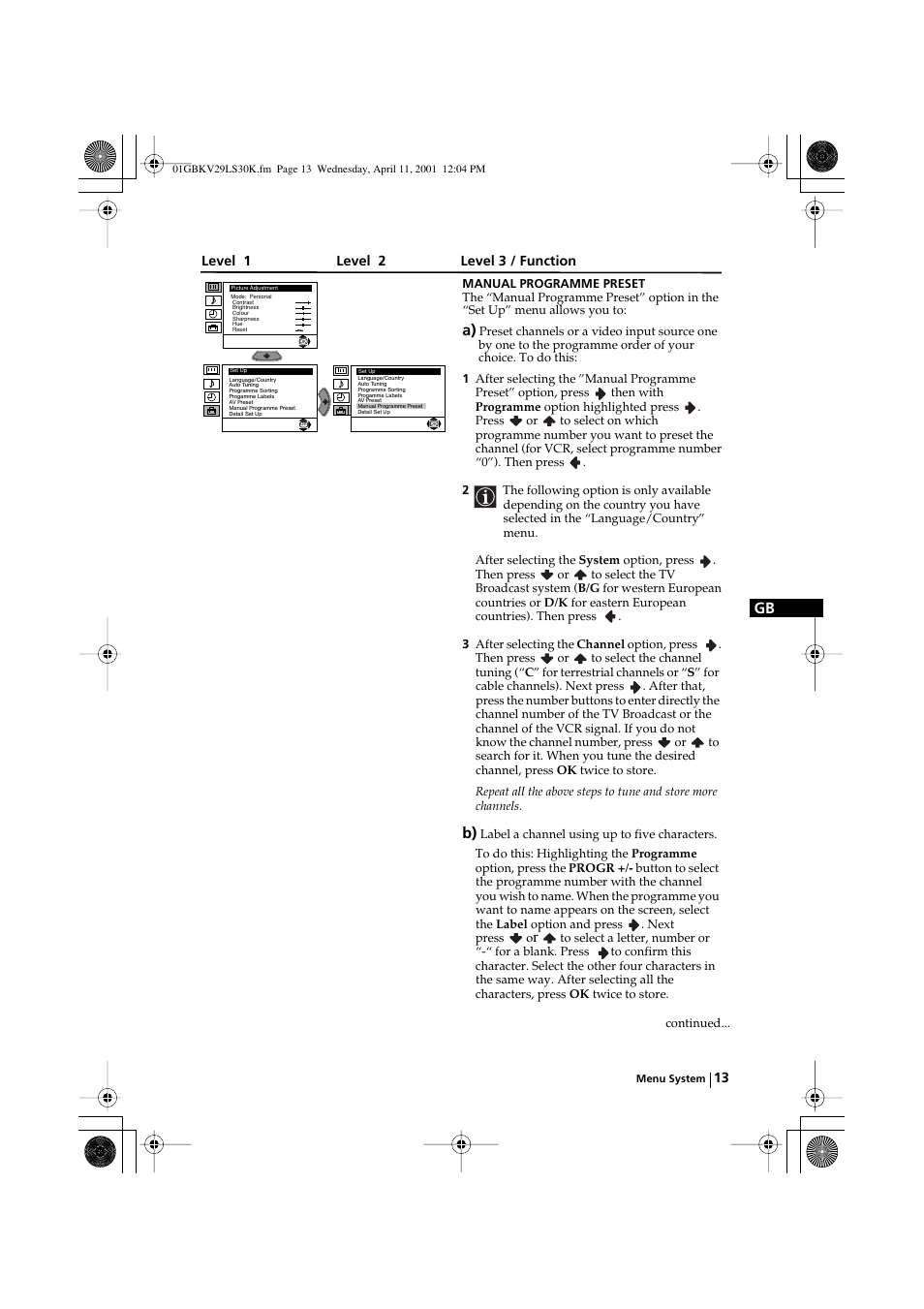 Level 1 level 2 level 3 / function | Sony KV-29LS30K User Manual | Page 12 / 116