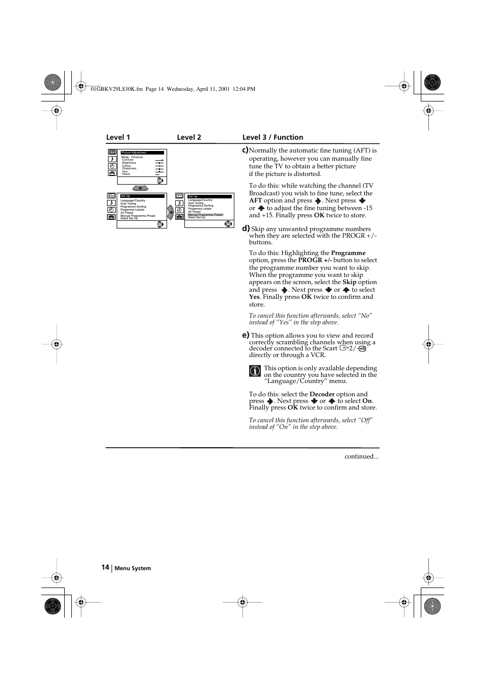 Level 1 level 2 level 3 / function | Sony KV-29LS30K User Manual | Page 13 / 116