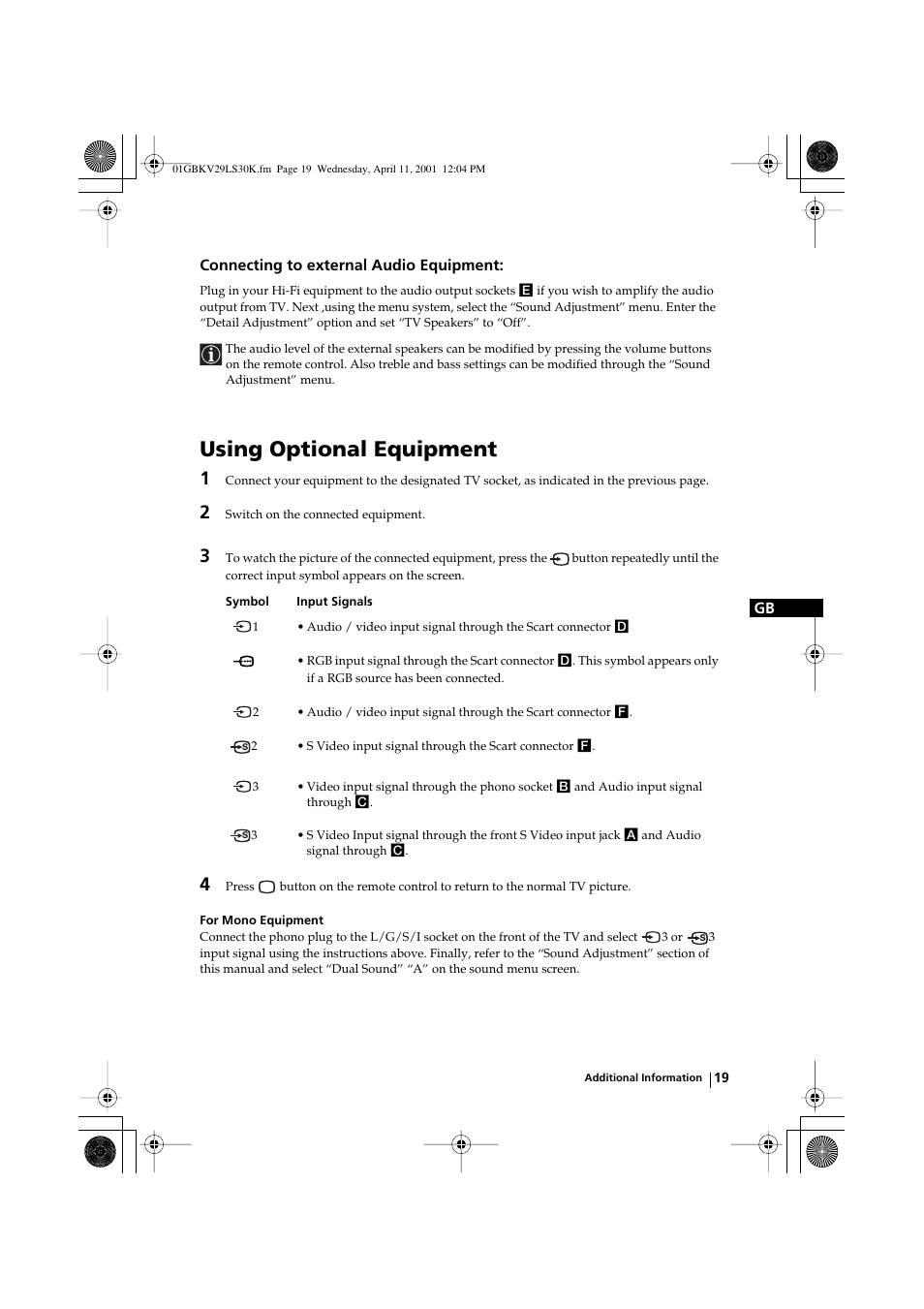 Using optional equipment | Sony KV-29LS30K User Manual | Page 18 / 116