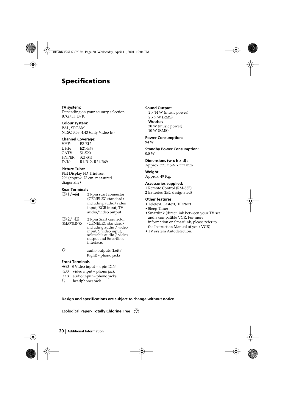 Specifications | Sony KV-29LS30K User Manual | Page 19 / 116