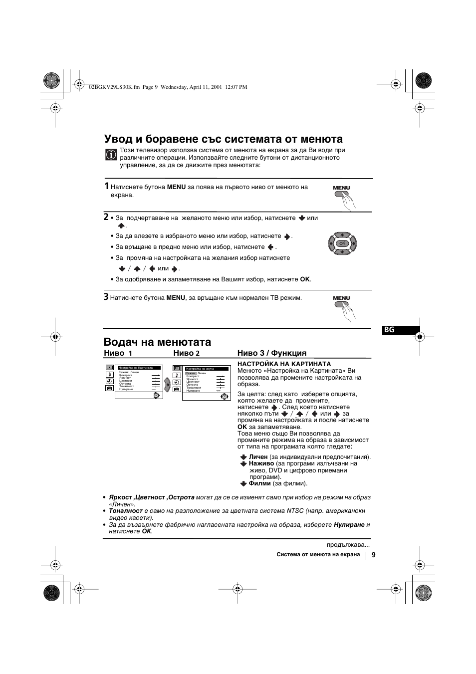 Увод и боравене със системата от менюта, Водач на менютата, Ниво | Ниво 3 / функция | Sony KV-29LS30K User Manual | Page 27 / 116