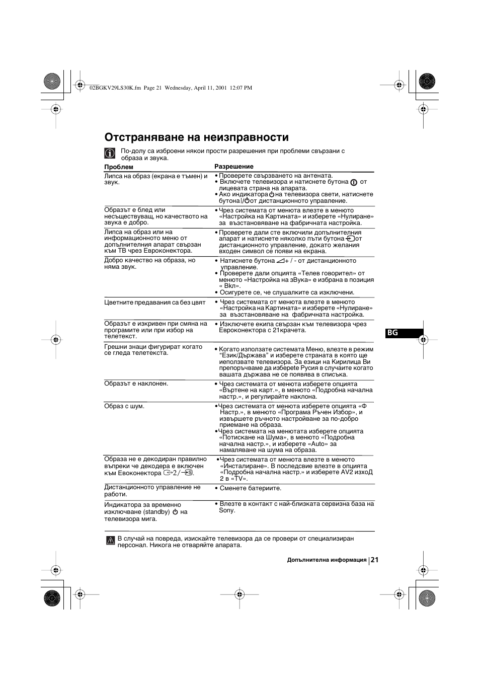 Отстраняване на неизправности | Sony KV-29LS30K User Manual | Page 39 / 116