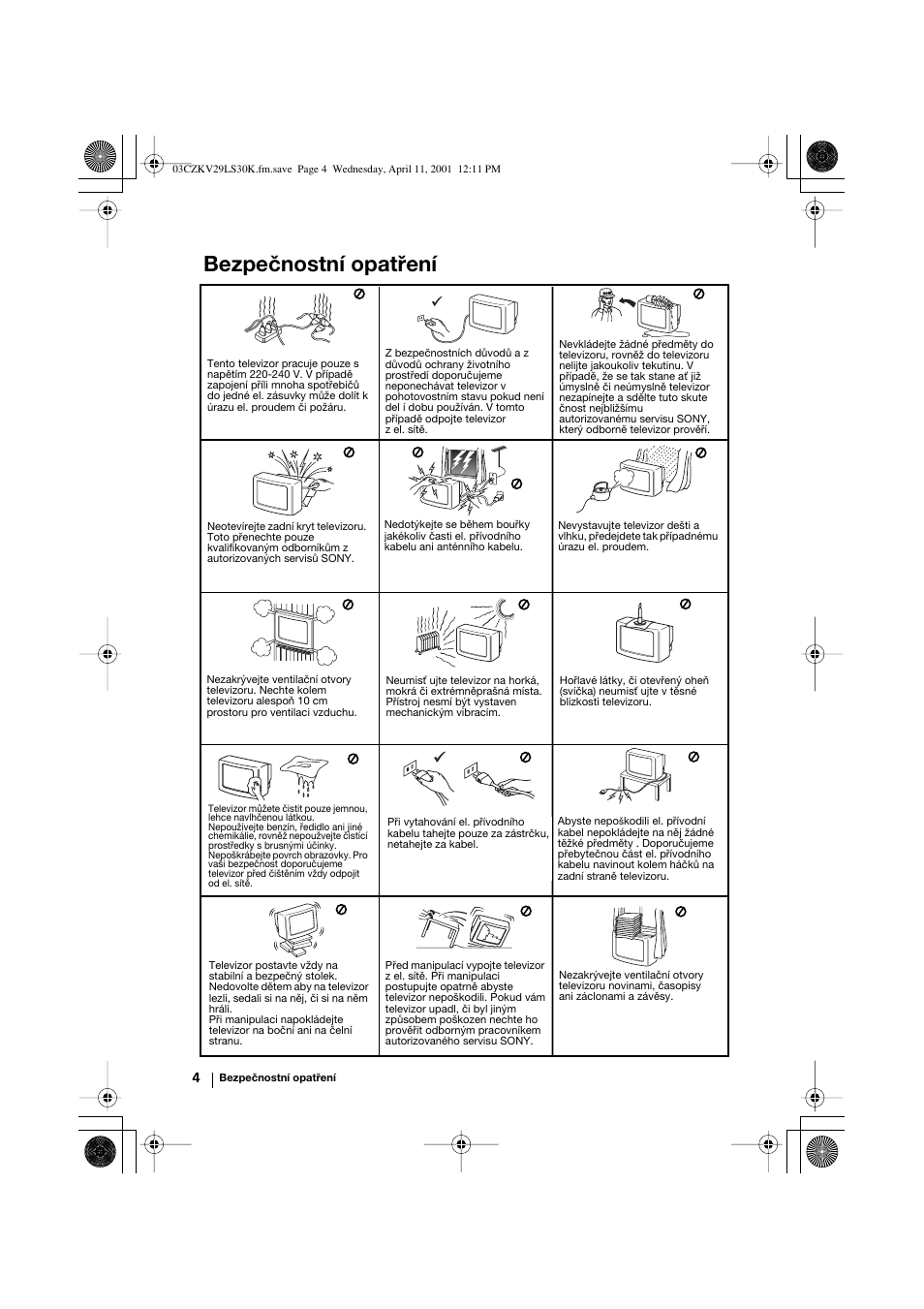 Bezpečnostní opatření | Sony KV-29LS30K User Manual | Page 41 / 116