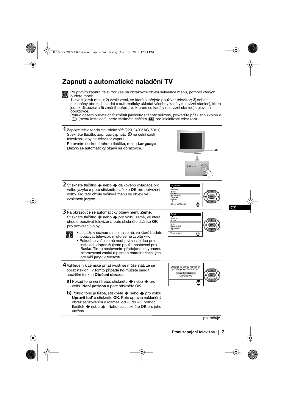 Zapnutí a automatické naladění tv | Sony KV-29LS30K User Manual | Page 44 / 116