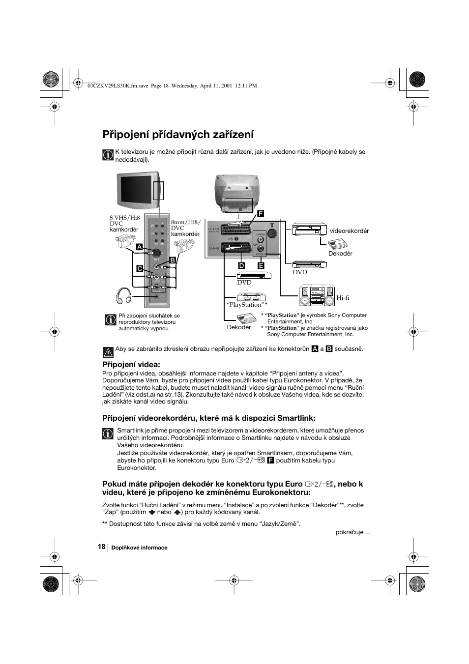 Připojení přídavných zařízení, Připojení videa, Pokud máte připojen dekodér ke konektoru typu euro | Sony KV-29LS30K User Manual | Page 55 / 116