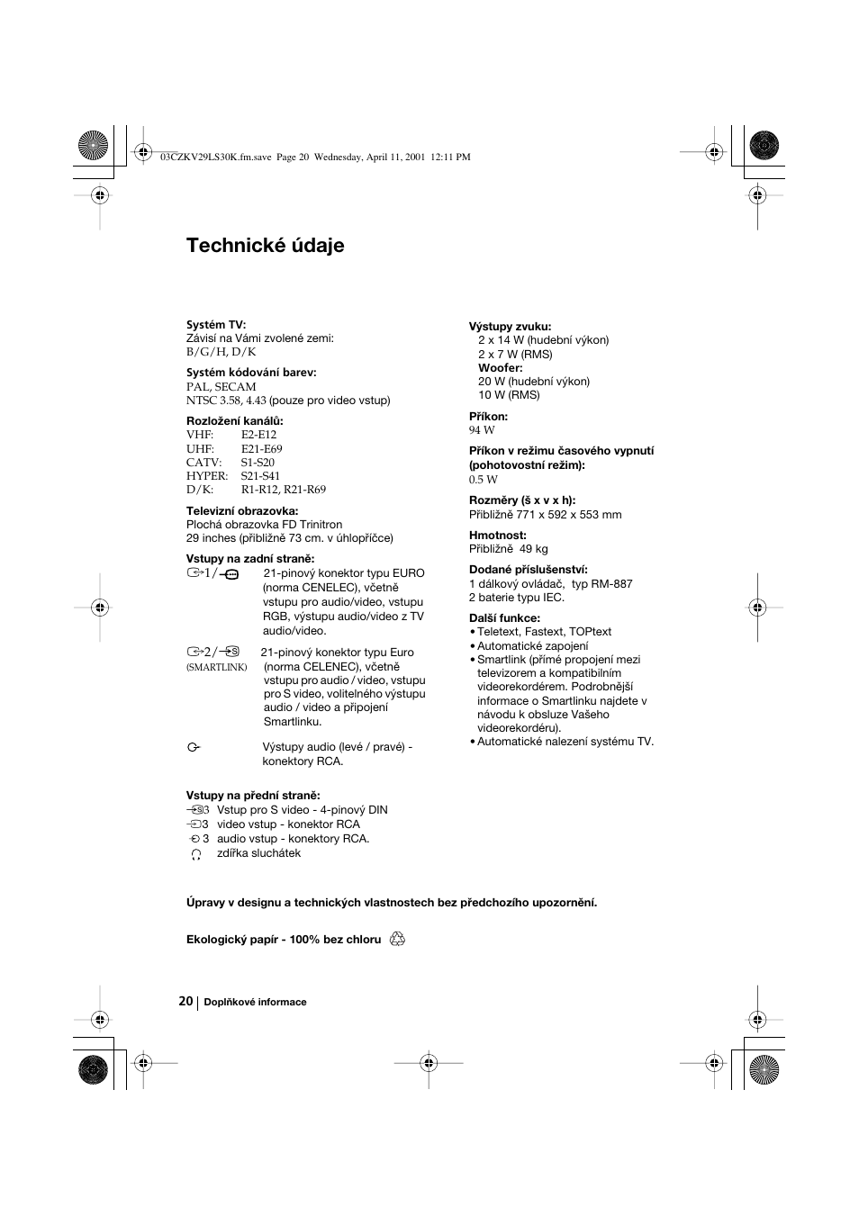 Technické údaje | Sony KV-29LS30K User Manual | Page 57 / 116