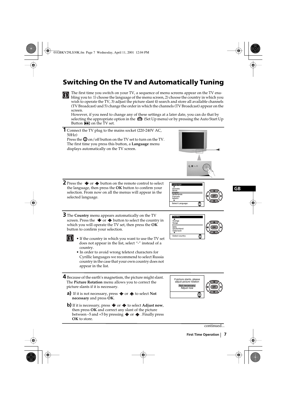 Switching on the tv and automatically tuning | Sony KV-29LS30K User Manual | Page 6 / 116
