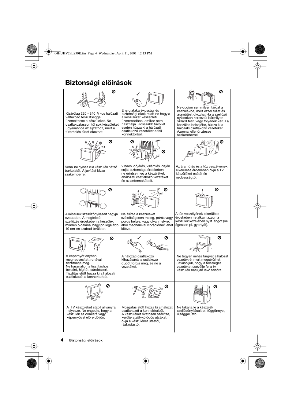 Biztonsági előírások | Sony KV-29LS30K User Manual | Page 60 / 116