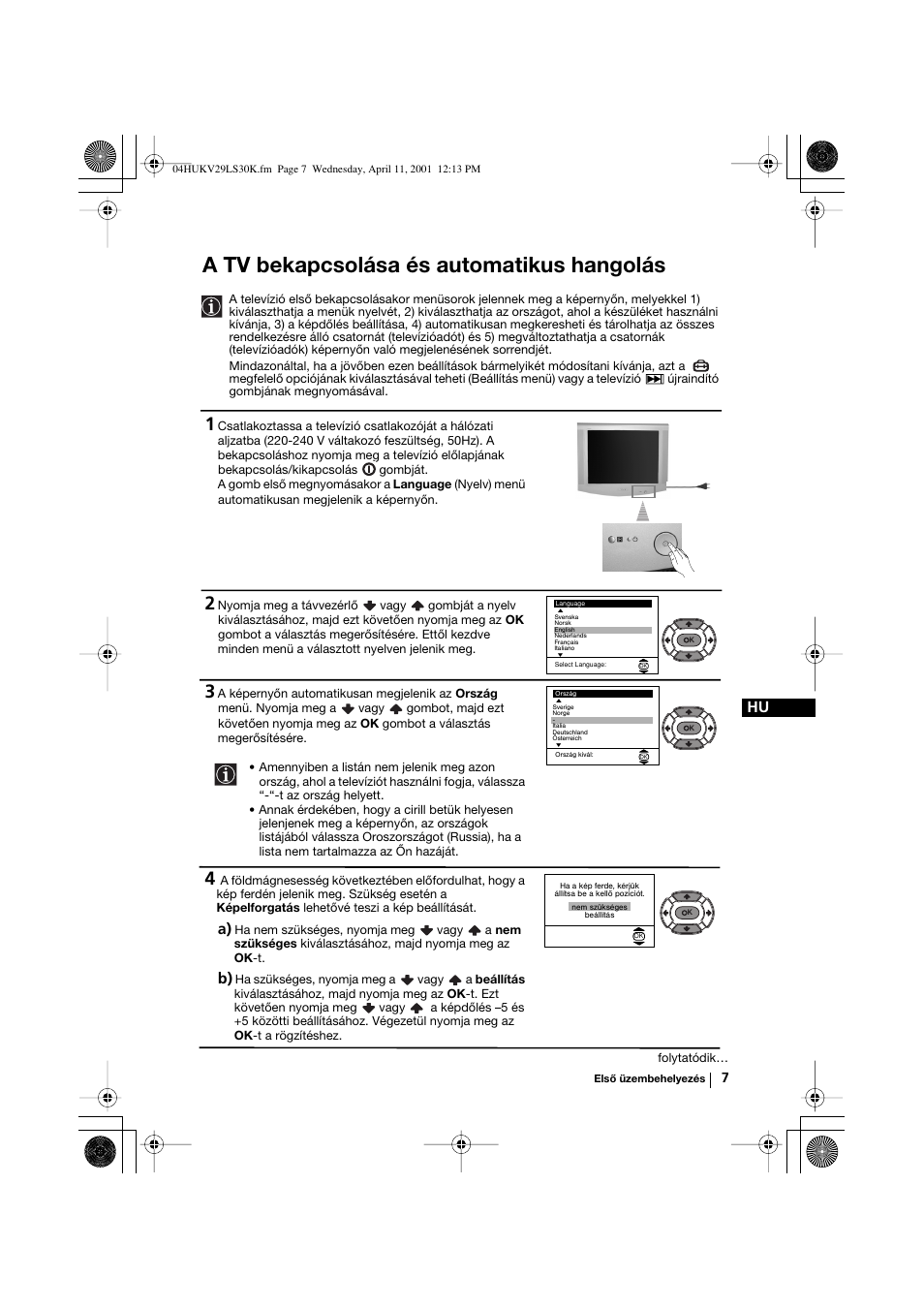 A tv bekapcsolása és automatikus hangolás | Sony KV-29LS30K User Manual | Page 63 / 116