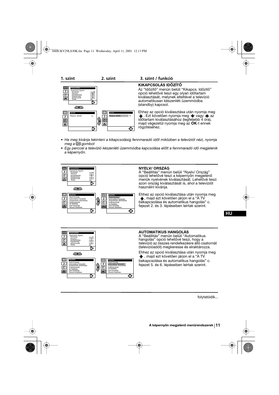 Szint 2. szint 3. szint / funkció, Folytatódik, A képernyőn megjelenő menürendszerek | Sony KV-29LS30K User Manual | Page 67 / 116