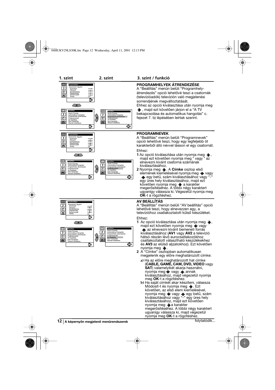 Szint 2. szint 3. szint / funkció, A képernyőn megjelenő menürendszerek | Sony KV-29LS30K User Manual | Page 68 / 116