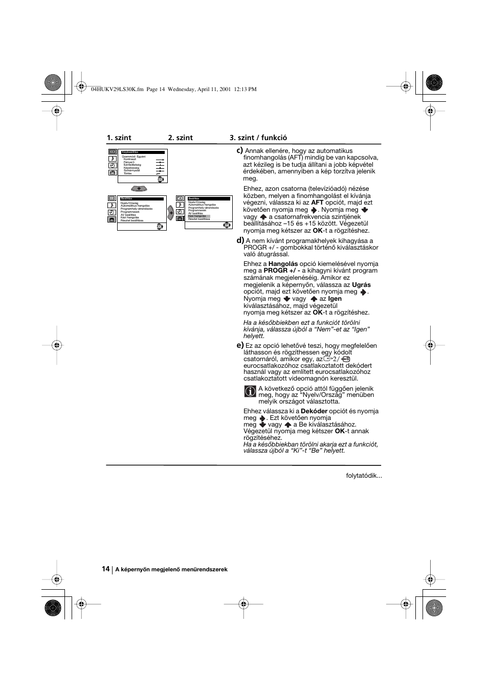 Szint 2. szint 3. szint / funkció | Sony KV-29LS30K User Manual | Page 70 / 116