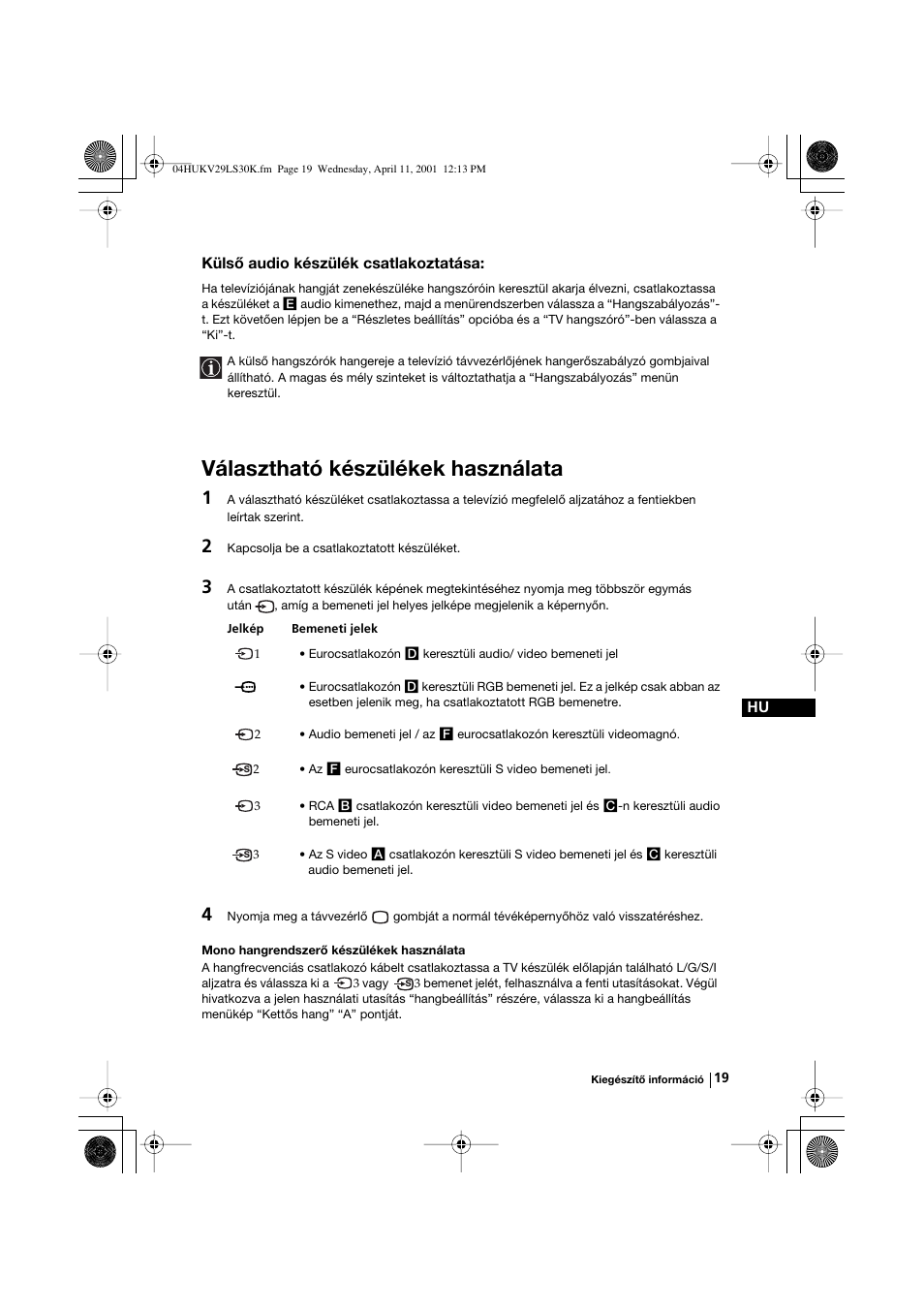 Választható készülékek használata | Sony KV-29LS30K User Manual | Page 75 / 116
