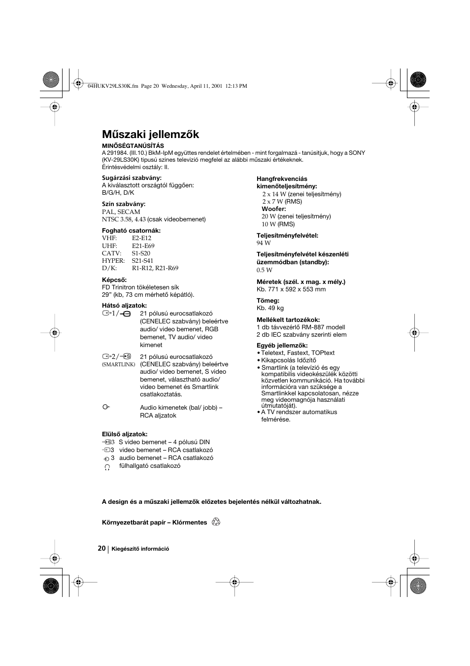 Műszaki jellemzők | Sony KV-29LS30K User Manual | Page 76 / 116