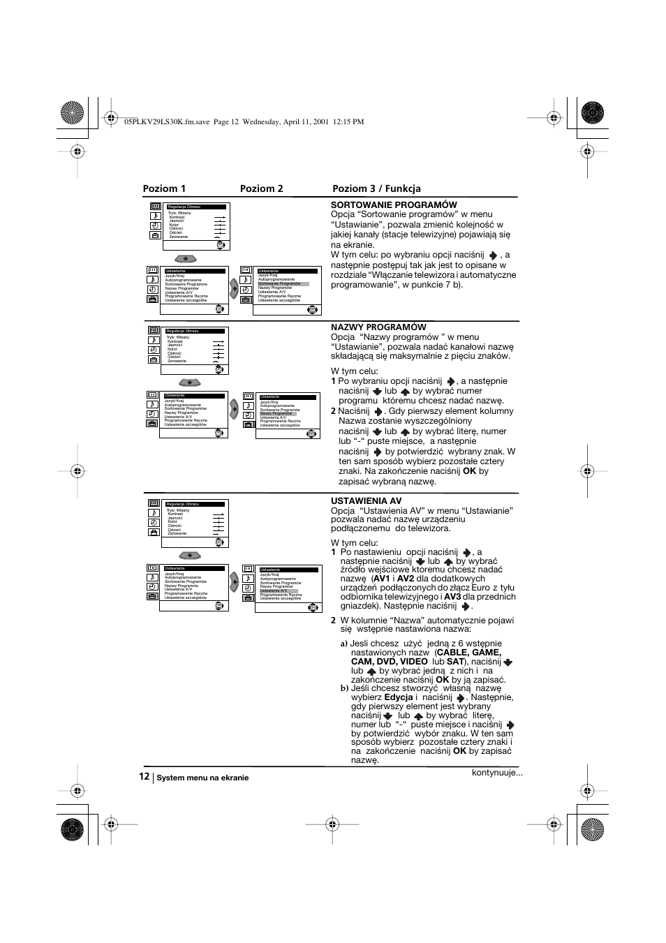 Poziom 1 poziom 2 poziom 3 / funkcja | Sony KV-29LS30K User Manual | Page 87 / 116