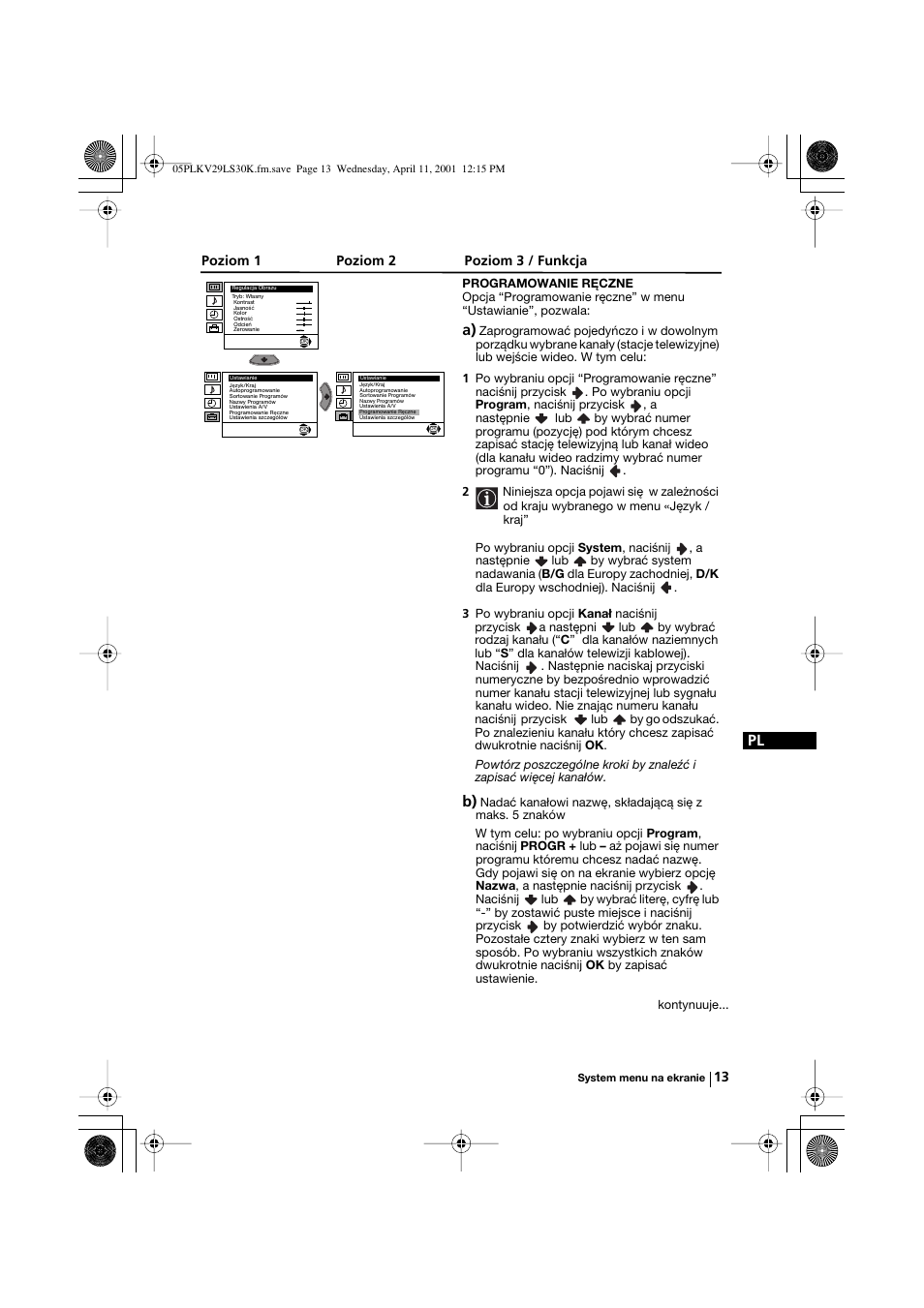 Poziom 1 poziom 2 poziom 3 / funkcja | Sony KV-29LS30K User Manual | Page 88 / 116