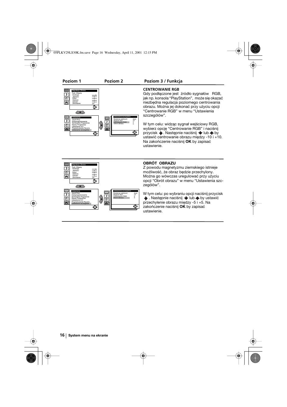 Poziom 1 poziom 2 poziom 3 / funkcja, System menu na ekranie | Sony KV-29LS30K User Manual | Page 91 / 116