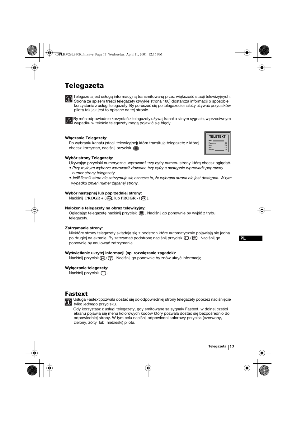 Telegazeta, Fastext | Sony KV-29LS30K User Manual | Page 92 / 116