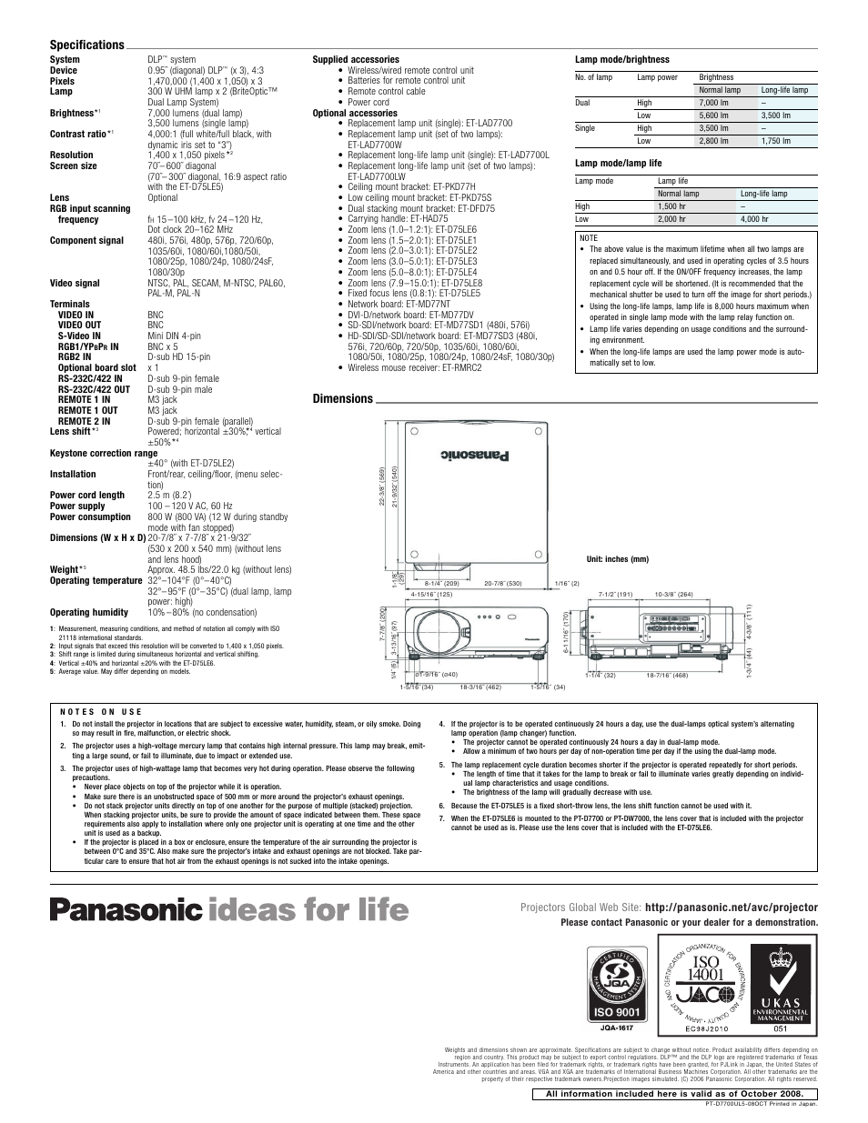 Dimensions, Specifications | Panasonic PT-D7700U User Manual | Page 6 / 6