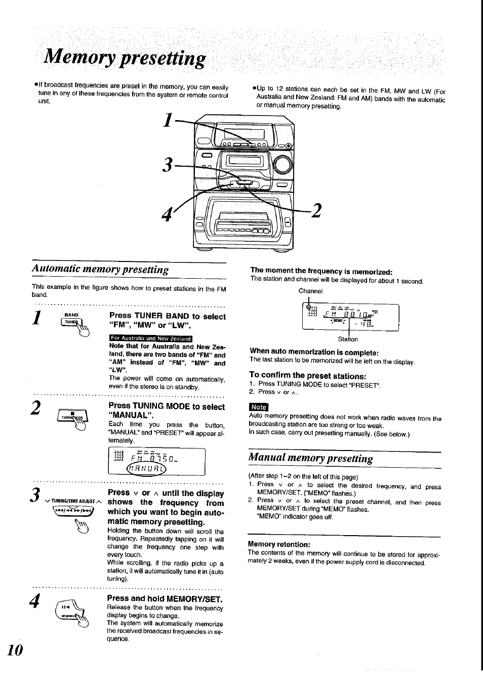 Memory presetting, Automatic memory presetting, Manual memory presetting | Panasonic SC-CH64M User Manual | Page 10 / 44