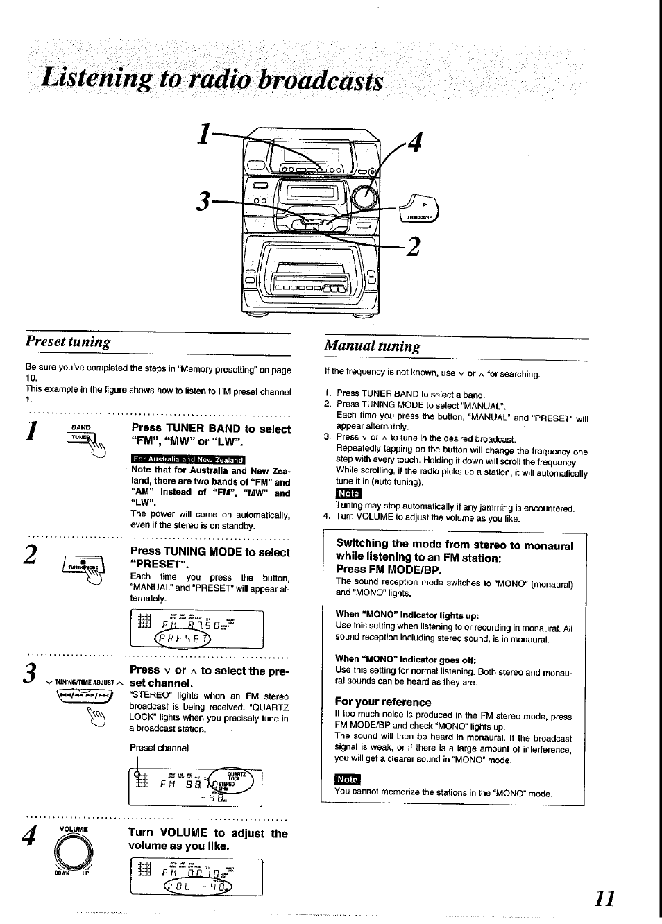 Listening to radio broadcasts, Press tuner band to select “fm”, “mw” or “lw, Press tuning mode to select “preset | Press v or a to select the pre, Tuwng/nme adjust/n s6t channel, Turn volume to adjust the volume as you like | Panasonic SC-CH64M User Manual | Page 11 / 44