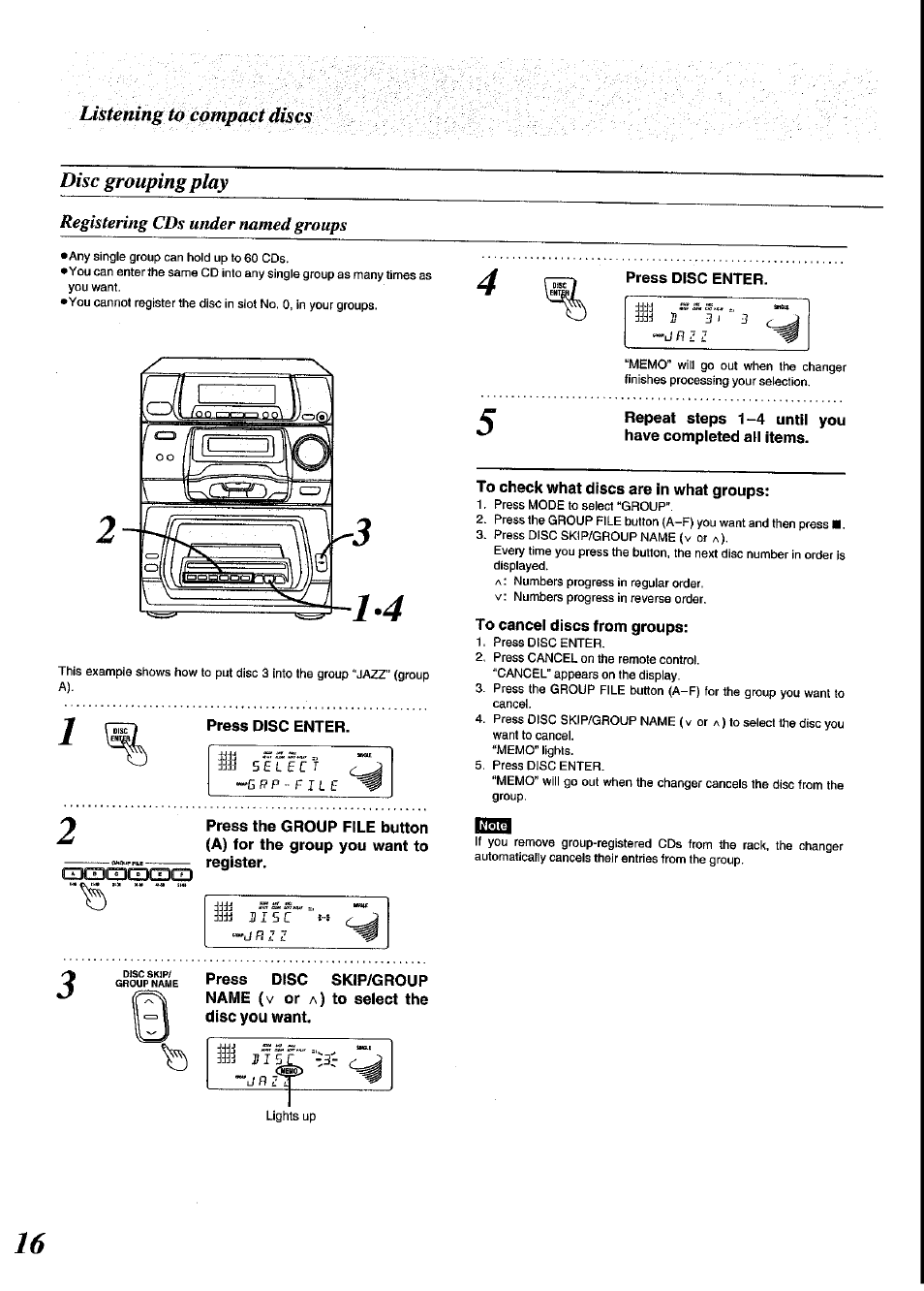 Disc grouping play, Ustening to compact discs, Registering cds under named groups | Panasonic SC-CH64M User Manual | Page 16 / 44