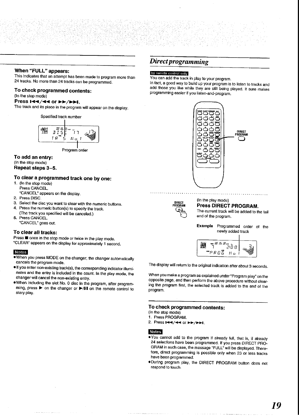 Direct programming, When “full” appears, To check programmed contents | Press or, To add an entry, Repeat steps 3-5, To clear a programmed track one by one, To clear all tracks, Press direct program, D 0 ■ "pf?0 5 r.fo | Panasonic SC-CH64M User Manual | Page 19 / 44