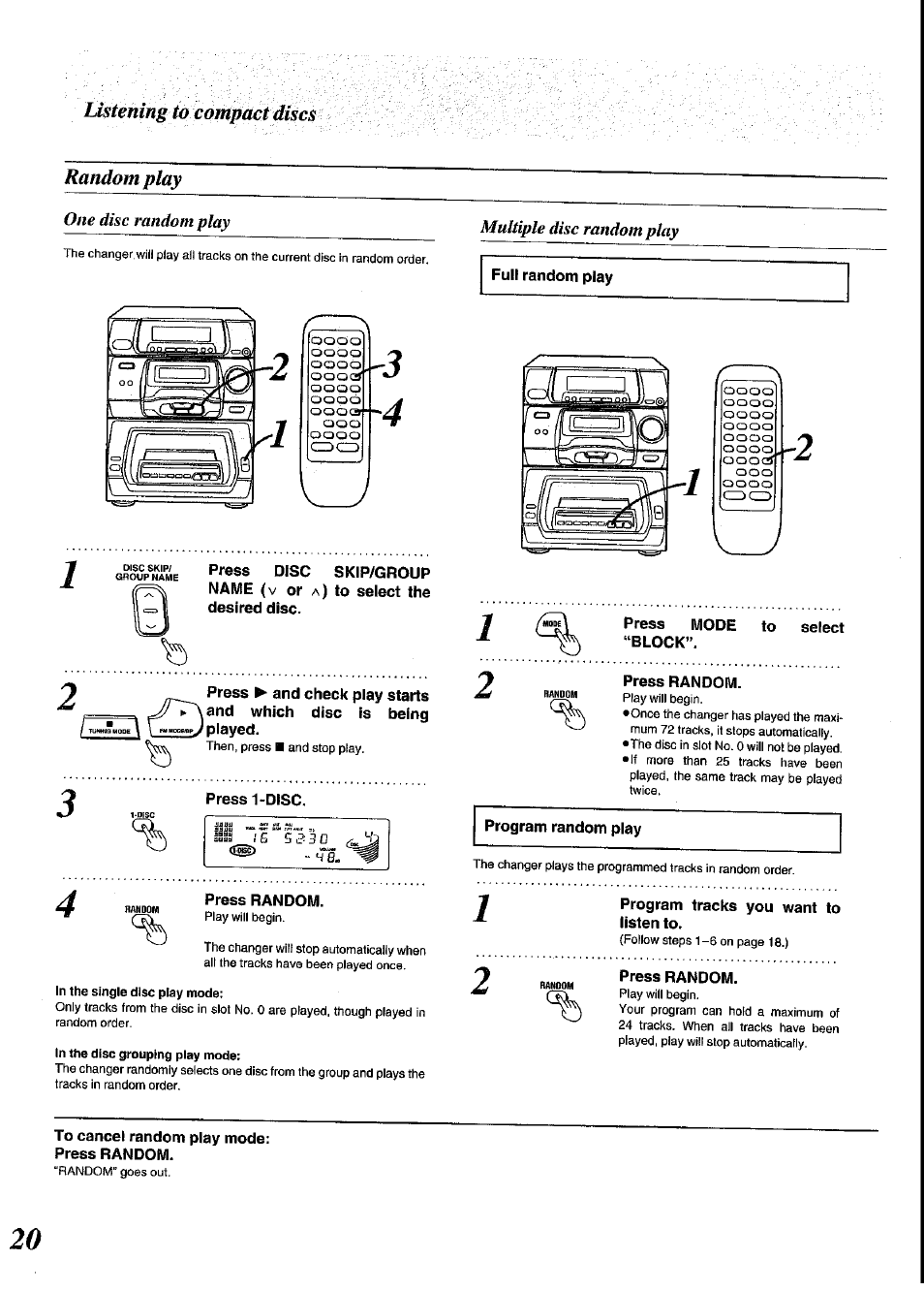 Random play, Listening to, One disc random play | Multiple disc random play | Panasonic SC-CH64M User Manual | Page 20 / 44