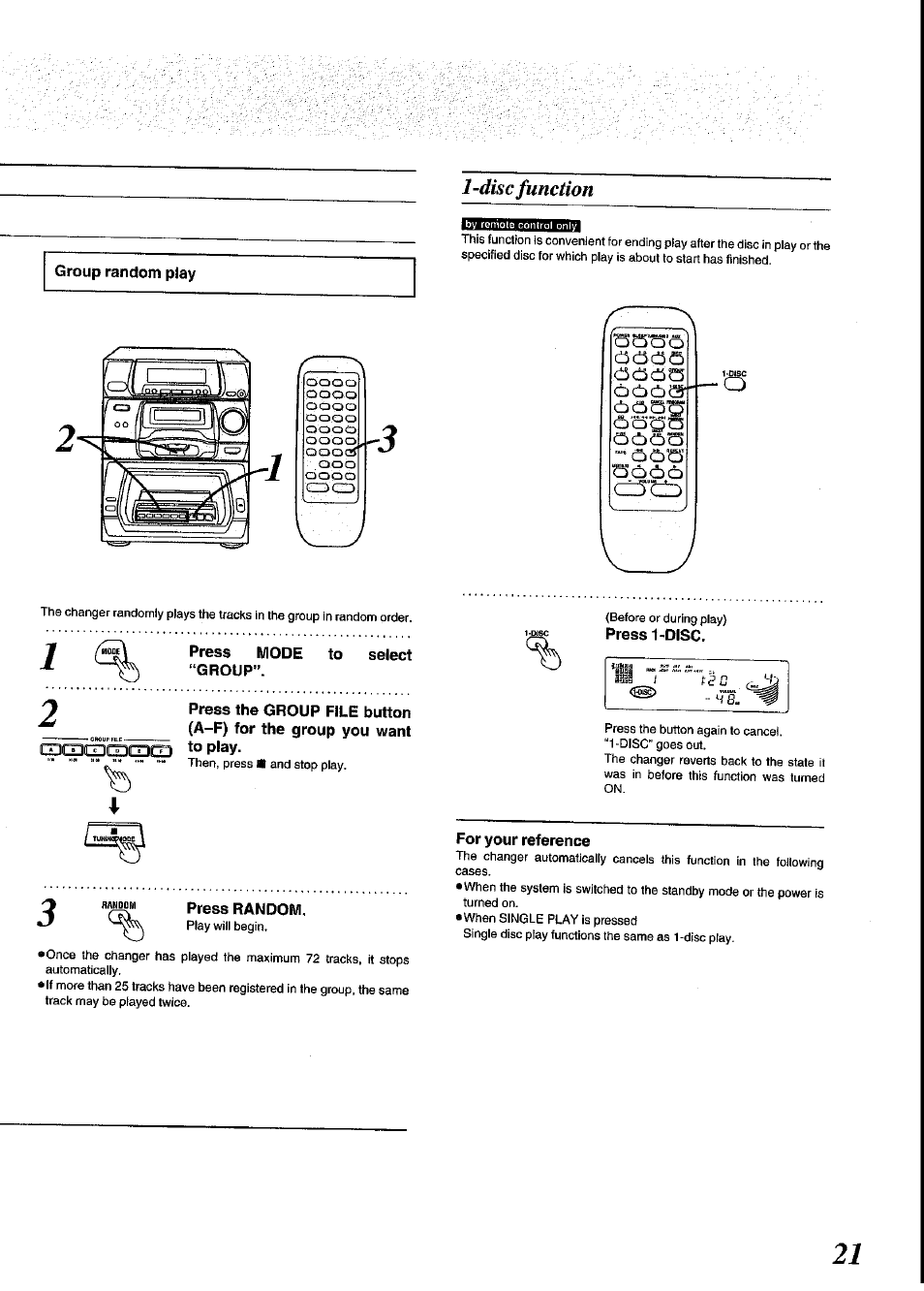 Disc function, Group random play, Press mode to select “group | A-f) for the group you want, Press 1-disc, For your reference | Panasonic SC-CH64M User Manual | Page 21 / 44