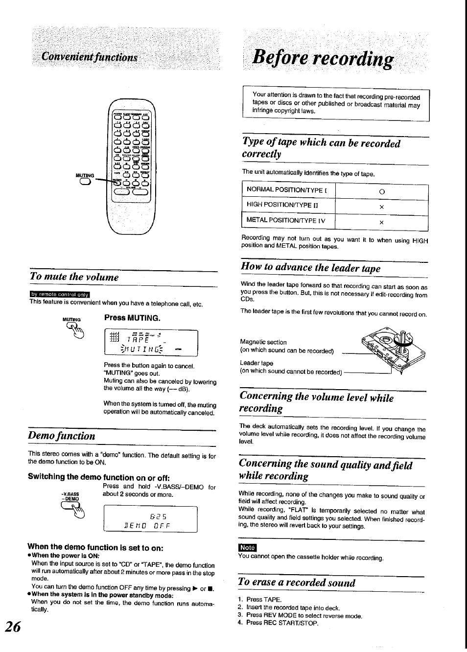 Type of tape which can be recorded correctly, To mute the volume, Muting pt6ss muting | How to advance the leader tape, Demo function, Switching the demo function on or off, When the demo function is set to on, Concerning the volume level while recording, To erase a recorded sound, Whveriientfmctìù | Panasonic SC-CH64M User Manual | Page 26 / 44