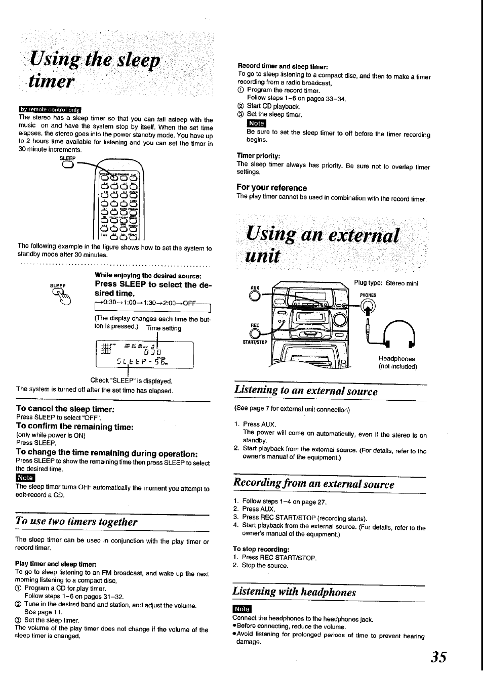 Timer, For your reference, Using an external unit | To cancel the sleep timer, To confirm the remaining time, To change the time remaining during operation, To use two timers together, Listening to an external source, Recording from an external source, Listening with headphones | Panasonic SC-CH64M User Manual | Page 35 / 44