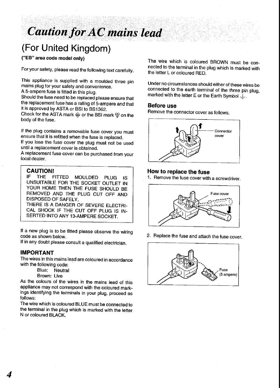 Caution jhr ac mains lead, Caution for ac mains lead, For united kingdom) | Panasonic SC-CH64M User Manual | Page 4 / 44