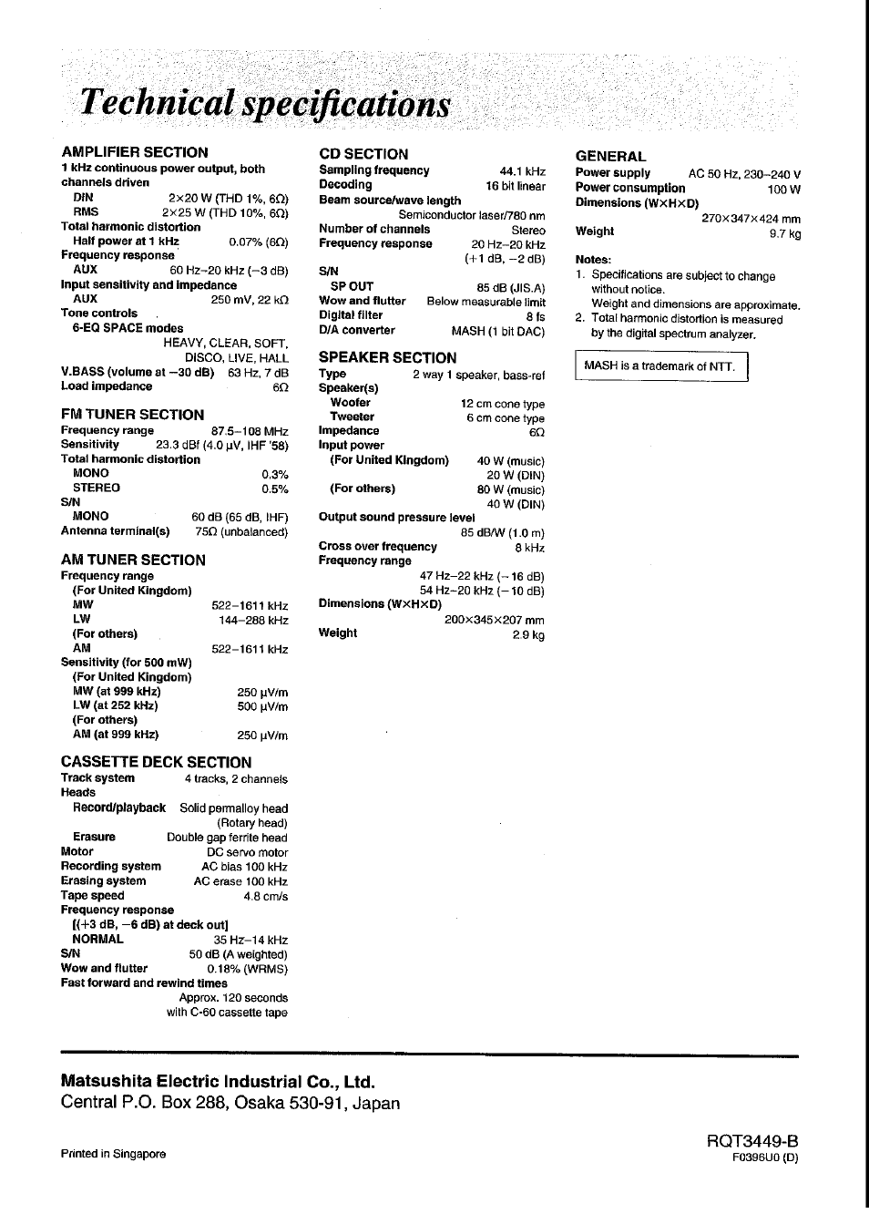 Ampufier section, Fm tuner section, Am tuner section | Cassette deck section, Cd section, Speaker section, General, Rqt3449-b | Panasonic SC-CH64M User Manual | Page 44 / 44