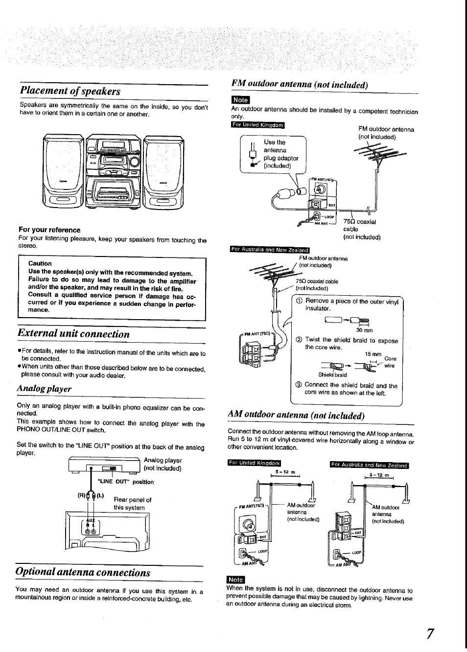 Placement of speakers, External unit connection, Optional antenna connections | Analog player, Fm outdoor antenna (not included), Am outdoor antenna (not included) | Panasonic SC-CH64M User Manual | Page 7 / 44