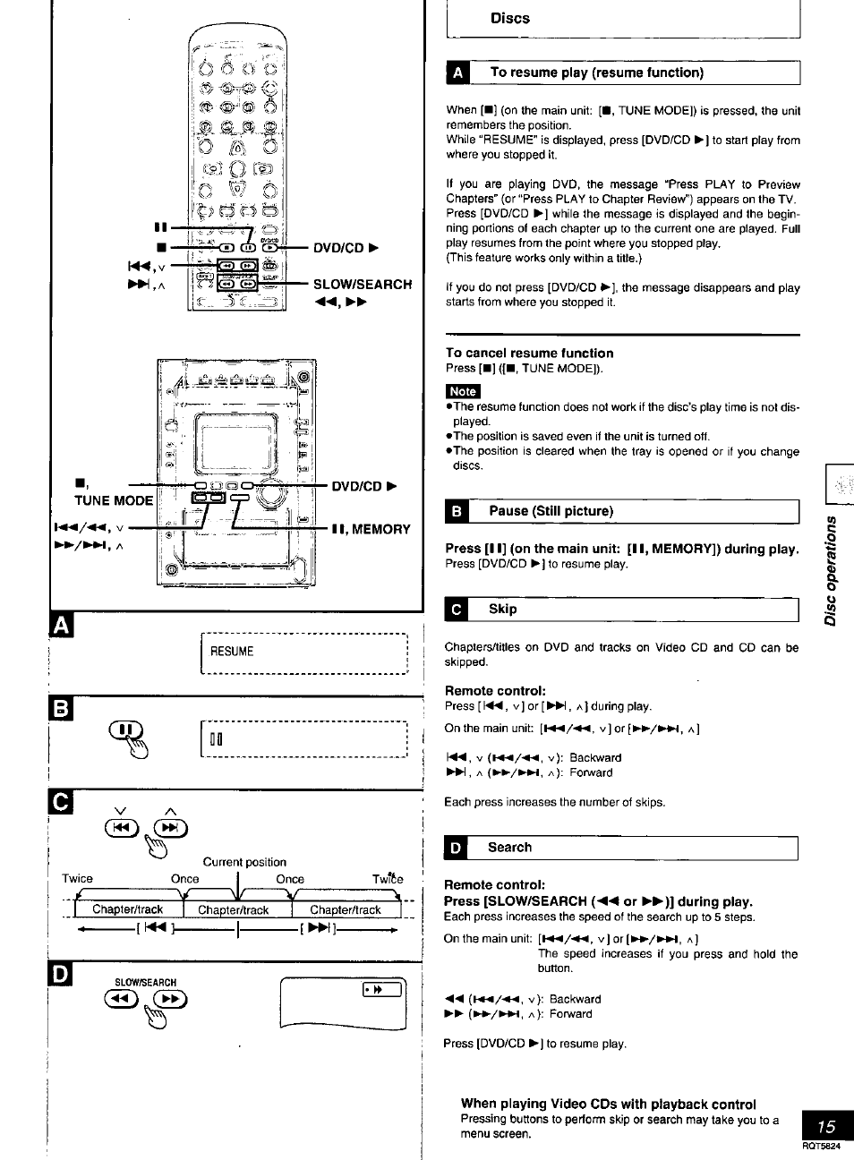 To resume play (resume function), To cancel resume function, Pause (still picture) | Skip, Remote controi, Search, Remote control, When playing video cds with playback controi, Ft» i, W, a | Panasonic SC-DK10 User Manual | Page 15 / 64