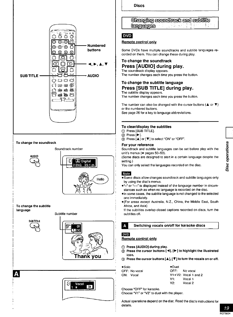 Subtitle, Numbered, Audio | 1 * eh, Btitle, Remote control only, To change the soundtrack, Press [audio] during play, To change the subtitle ianguage, Press [sub title] during play | Panasonic SC-DK10 User Manual | Page 19 / 64